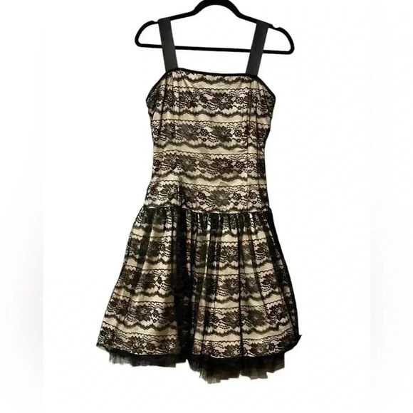 Gunne Sax by Jessica McClintock Black Tan Lace Satin Dress Size 13/14 - Picture 1 of 6